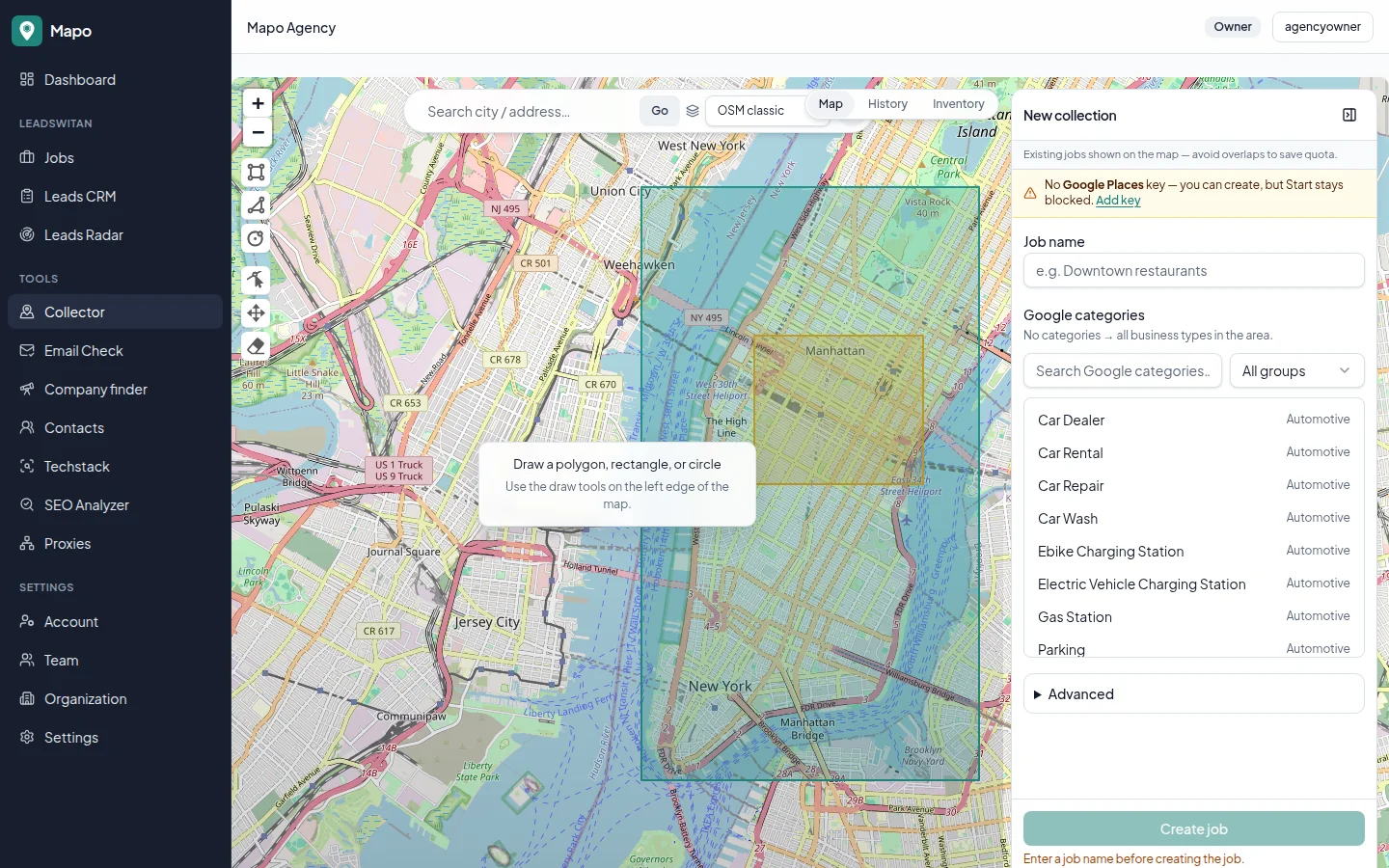 Mapo Collector map with geofenced Manhattan territory